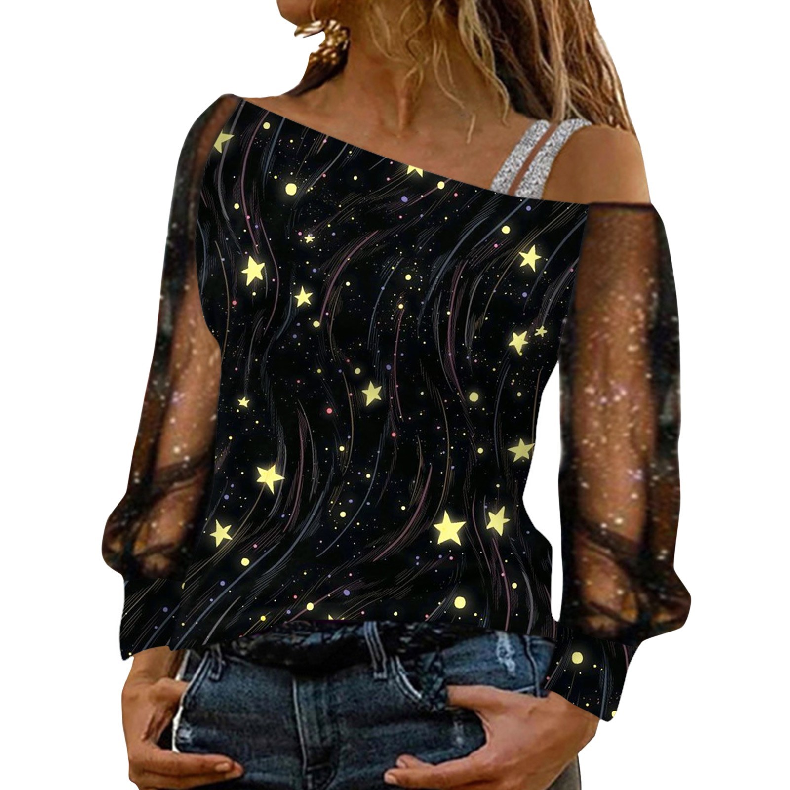 thumbnail image 1 of Top de manga larga con hombros descubiertos y malla para mujer - Blusa con estampado de lentejuelas - Moda informal para fiestas y salidas, 1 of 4